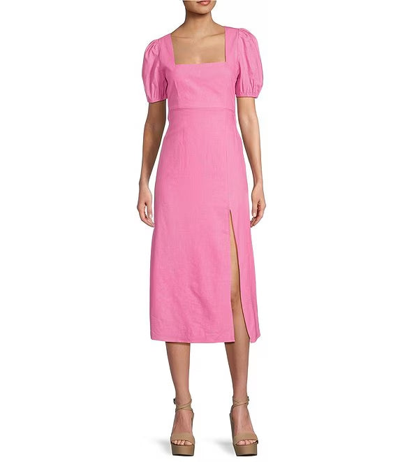 Short sleeved side slit, medium length prom dress